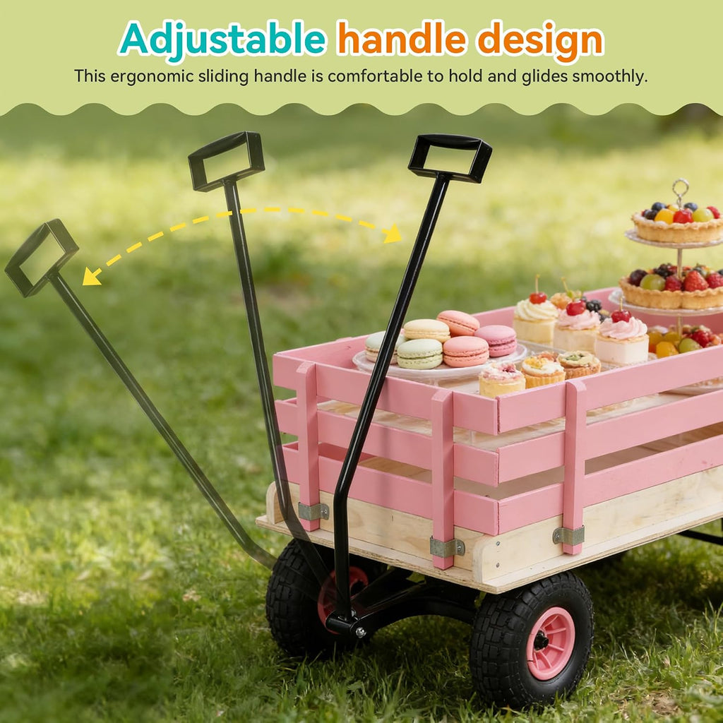 Garden Cart with Removable Side Panels, 176 lbs Capacity - Heavy-Duty Steel Yard Cart with Pneumatic Tires, Ideal for Gardening, Beach Use, and More (Pink-Black Handle)