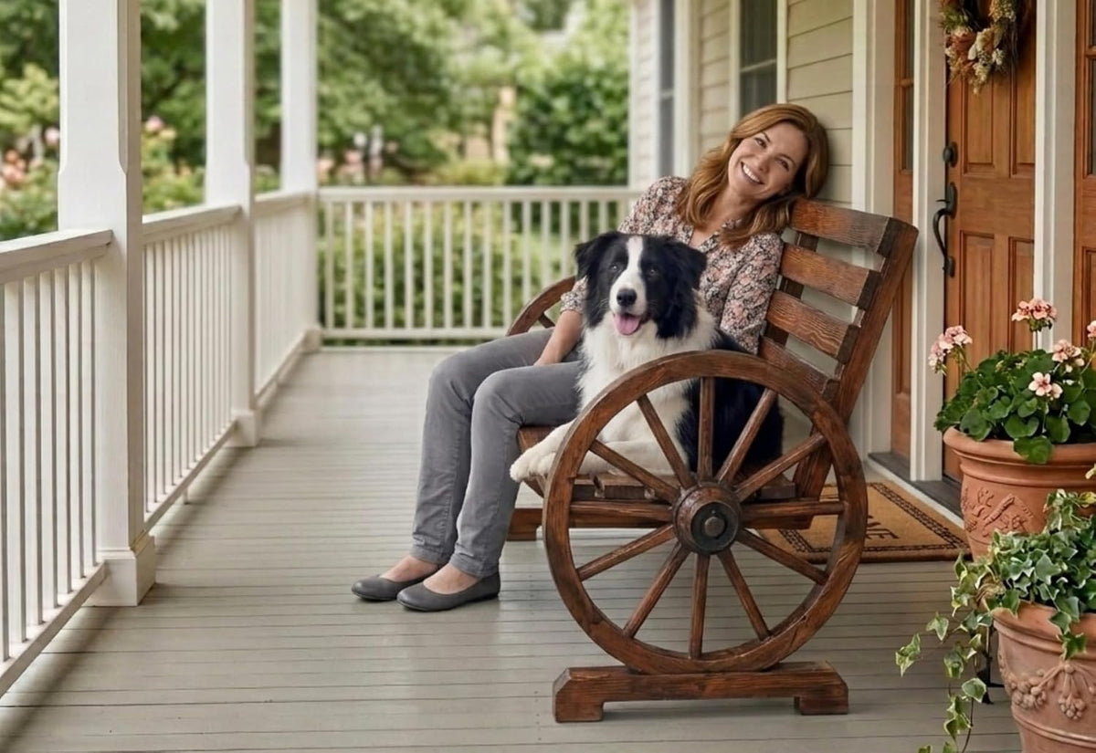 Patio Garden Wooden Wagon Wheel Bench Rustic Wood Design Outdoor Furniture