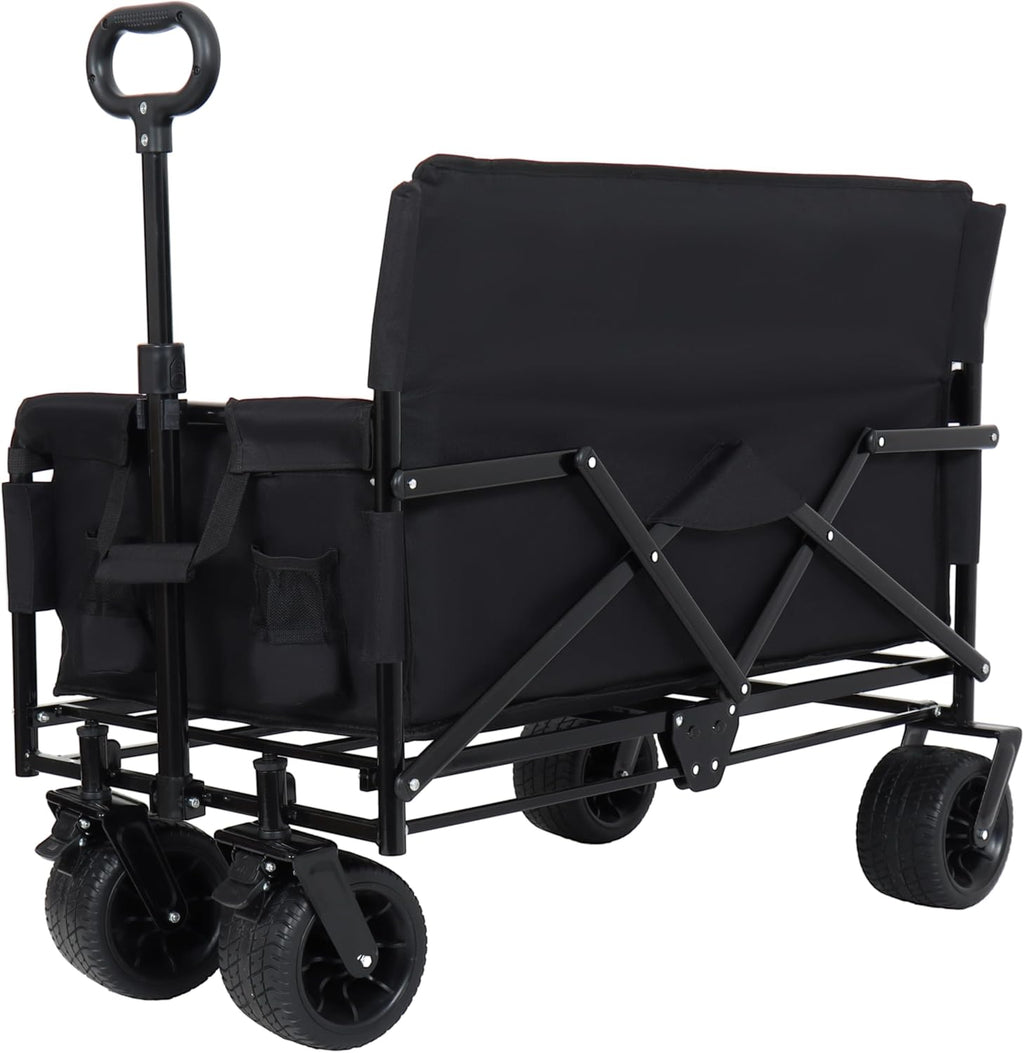 3-in-1 Convertible Folding Wagon Cart with Bench Seat & 180L Storage - 500lbs Heavy-Duty All-Terrain Wagon for Camping, Beach, Sports & Garden Use (Black)