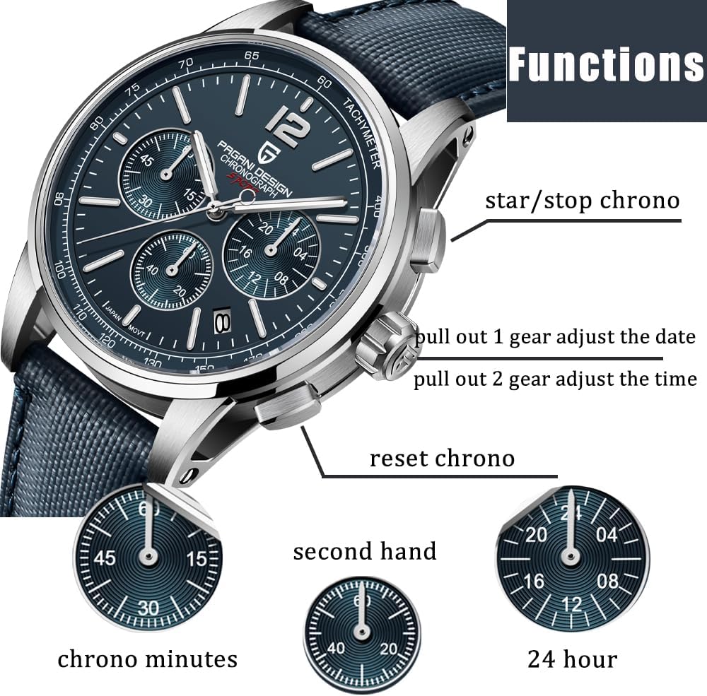 Pagani Design Men's Watch, Quartz Chronograph, 100M Water Resistant Stainless Steel Case, 40mm Dial Diameter, Sapphire Glass, Nylon Strap, Sporty Casual