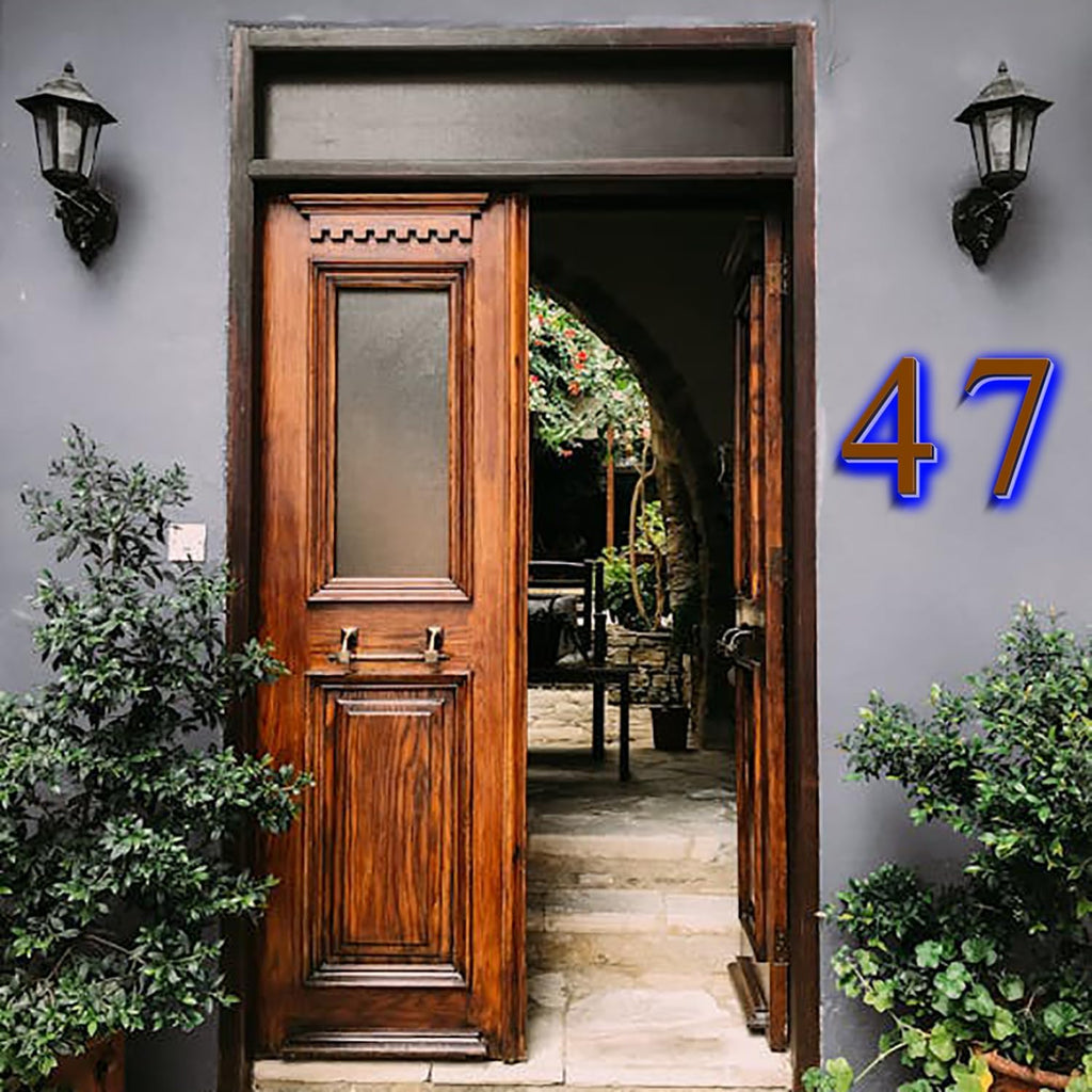 Backlit Illuminated LED House Numbers For Outside 20 Inch, Stainless Steel Illuminated LED Home Address Numbers, Large Modern Lighted Address Signs, Brown, Blue Light,5