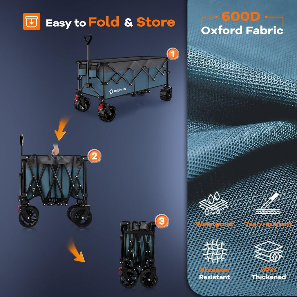 Originsure 48' L Collapsible Wagon Cart Foldable, 560lbs Weight Capacity 300L Heavy Duty Folding Beach Wagons with Big All-Terrain Wheels, Utility Carts for Groceries, Camping, Sports - Grey&Blue