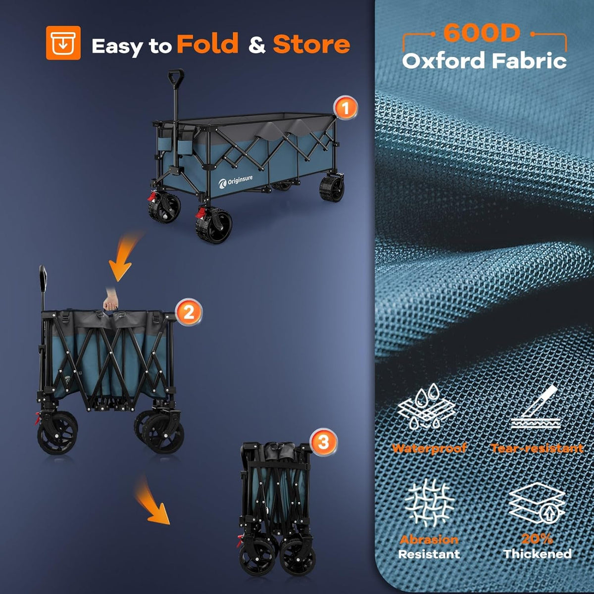 Originsure 48' L Collapsible Wagon Cart Foldable, 560lbs Weight Capacity 300L Heavy Duty Folding Beach Wagons with Big All-Terrain Wheels, Utility Carts for Groceries, Camping, Sports - Grey&Blue
