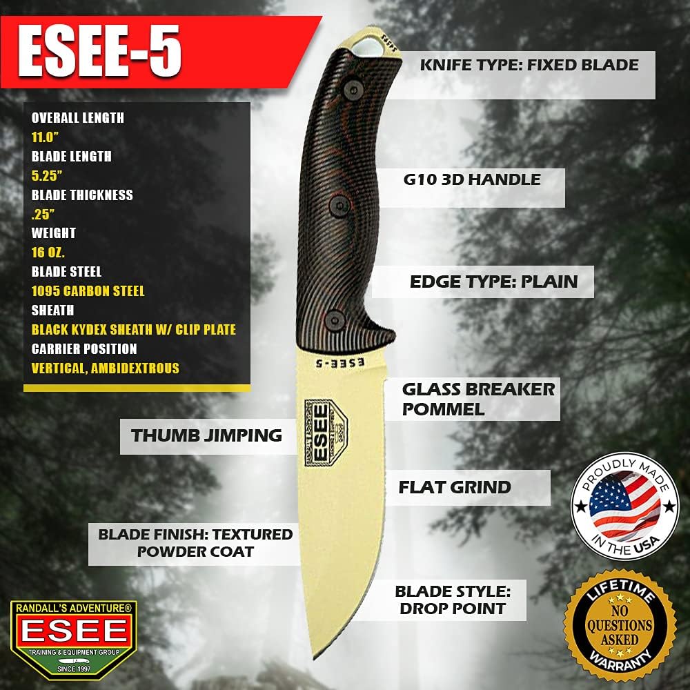 ESEE-3 1095 Carbon Steel, Black Sheath (Desert Tan Blade, Blood/Black G-10 3D Handle)
