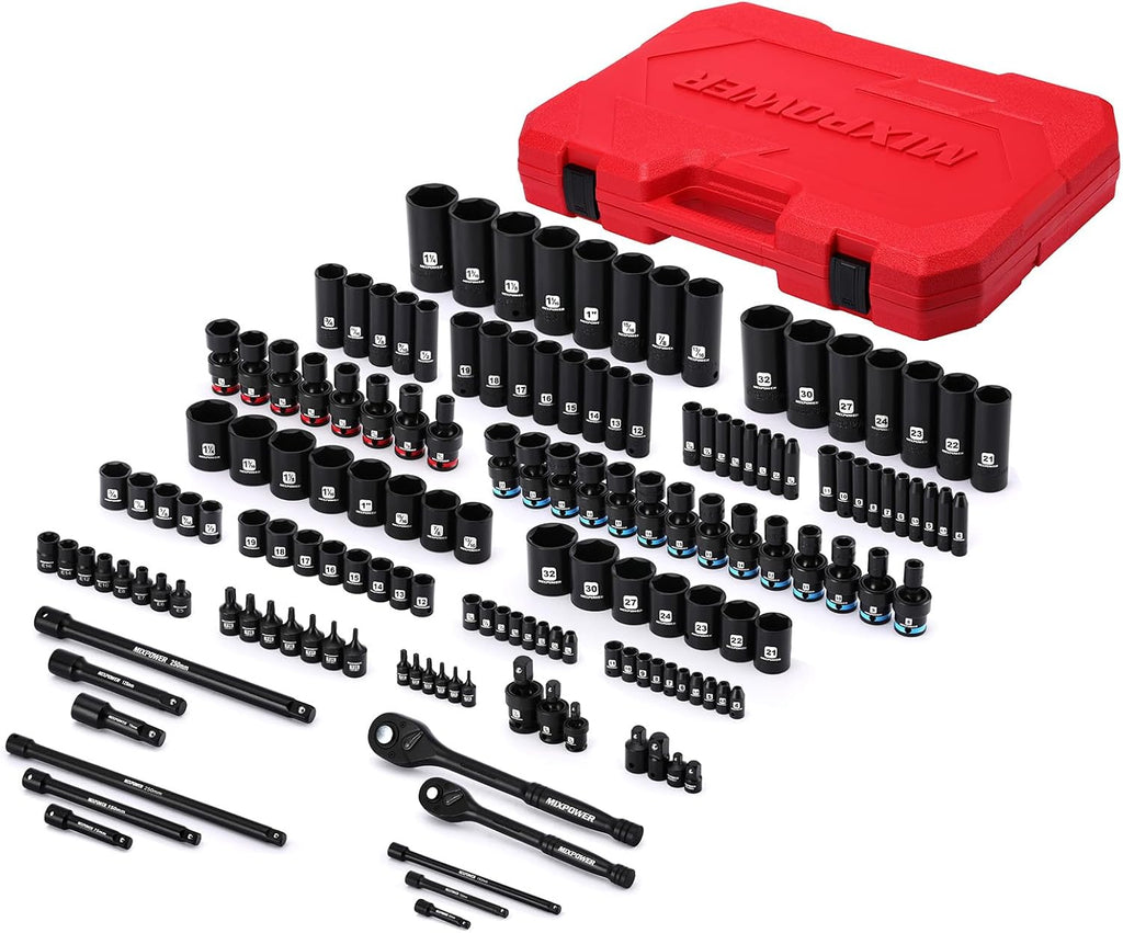 MIXPOWER 153 Pieces 1/4'&3/8'&1/2' Drive Mechanic Tool Set,Metric/SAE,6-Point,Deep and Shallow Sockets,Impact Universal Joint Swivel Sockets,Impact Socket Extension Bar