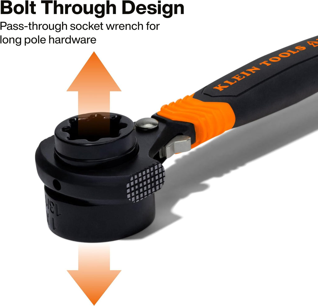 KLEIN TOOLS KT175HFINS 7-in-1 Insulated Lineman Wrench with Dual Hammer Faces, Ratcheting Pass-Through Design, 1000V Rated, Multi-Size Utility Wrench for Pole Hardware
