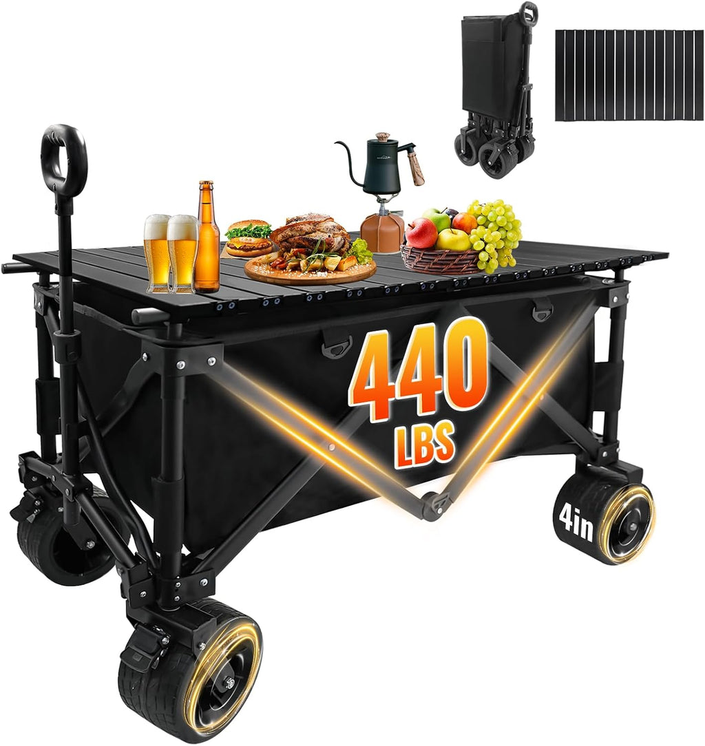 Heavy Duty Collapsible Folding Wagon with Table, 440LBS Capacity Utility Wagon Cart with All-Terrain Wheels, Foldable Beach Camping Wagon for Garden, Sports, Picnics Black