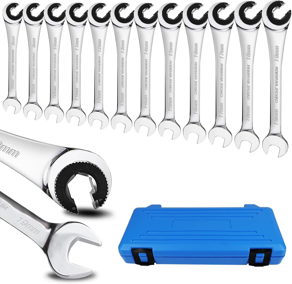 LOSCHEN 12pcs/set 8-19mm Metric Ratcheting Wrench Combination Wrench Set with 72 Teeth, Chrome Vanadium Steel Tubing Ratchet Spanner（US and European Patents）