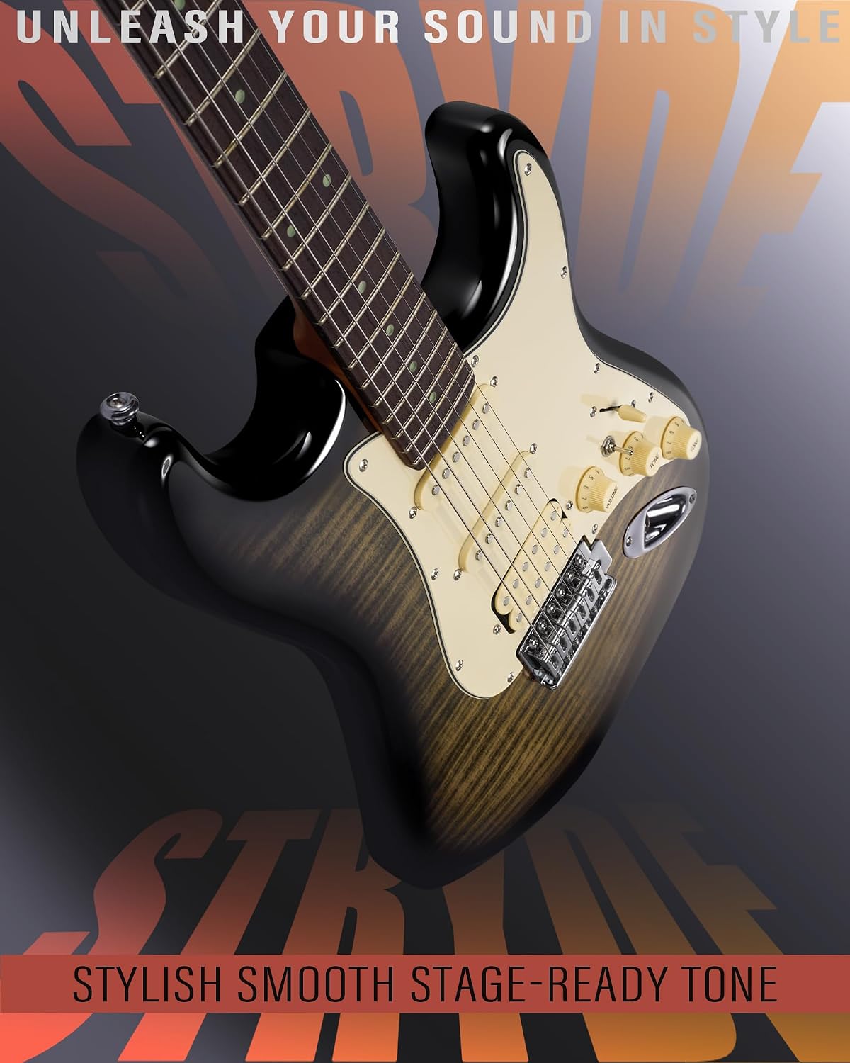AKLOT Beginner Electric Guitar Kit: 10W Amp, Coil-Split HSS Pickups, Lesson Book, Roasted Maple Neck, Gig Bag, Tuner, Strap, Picks, Stryde Obsidian Black