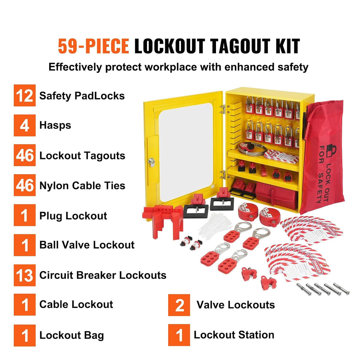 Happybuy Electrical Lockout Tagout Kit, 59 PCS Safety Lockout Tagout Station with Padlocks, Hasps, Tags, Ties, Plug Lockout, Circuit Breaker Lockouts, Valve Lockouts, Cable Lockout, Lockout Bag, Box