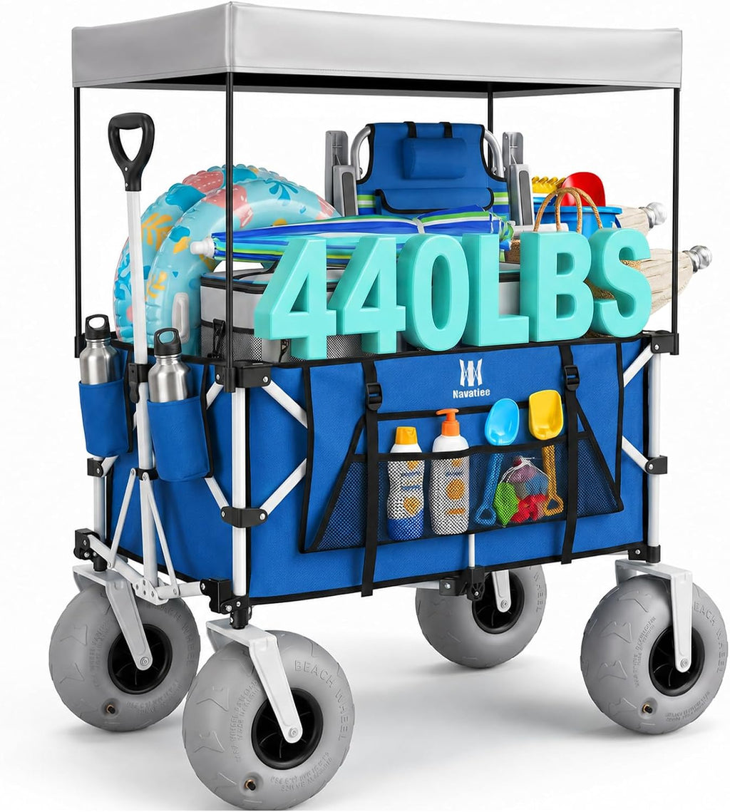 Navatiee Beach Wagon with Big Balloon Wheels for Sand, 200L Extra Large Beach Cart with Canopy, 440Lbs Heavy Duty Folding Wagon Collapsible with 9' Tires & Side Pocket for Beach, Outdoor, Blue