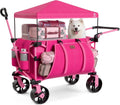 EVER ADVANCED Folding Push Wagon with Canopy, Portable Shopping Cart with Brakes, Collapsible Wagon Cart with All-Terrain Big Wheels for Camping, Beach, Sports