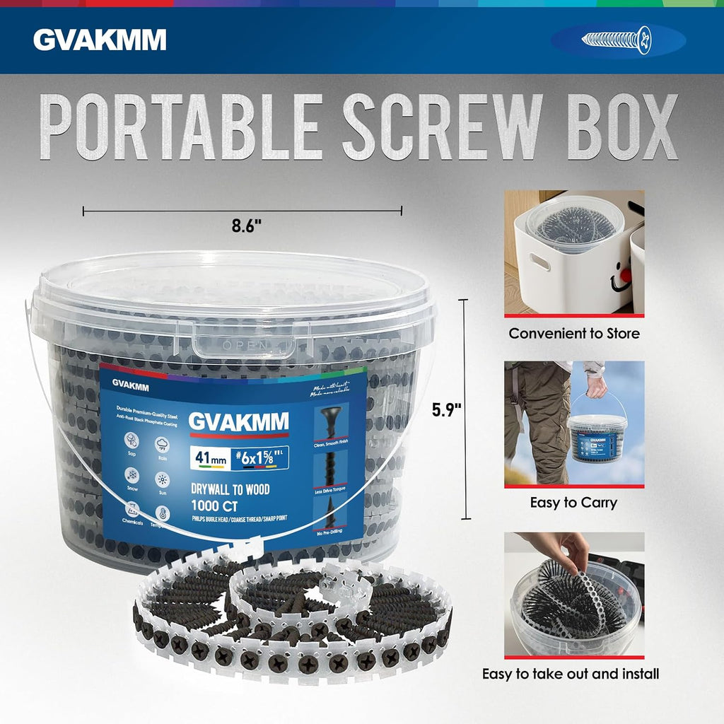 #6 × 1-5/8 inch Drywall to Wood Collated Screws – 6000 Count (6 Pack of 1000-Count Buckets), Black Coarse Thread Sheetrock Screws, Bulk Jobsite Supply