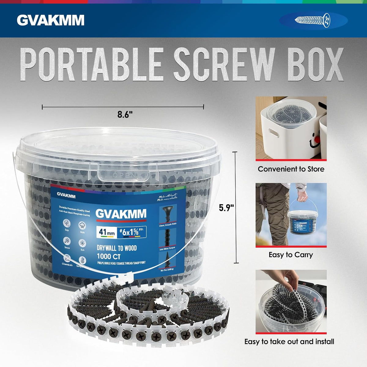 #6 × 1-5/8 inch Drywall to Wood Collated Screws – 6000 Count (6 Pack of 1000-Count Buckets), Black Coarse Thread Sheetrock Screws, Bulk Jobsite Supply
