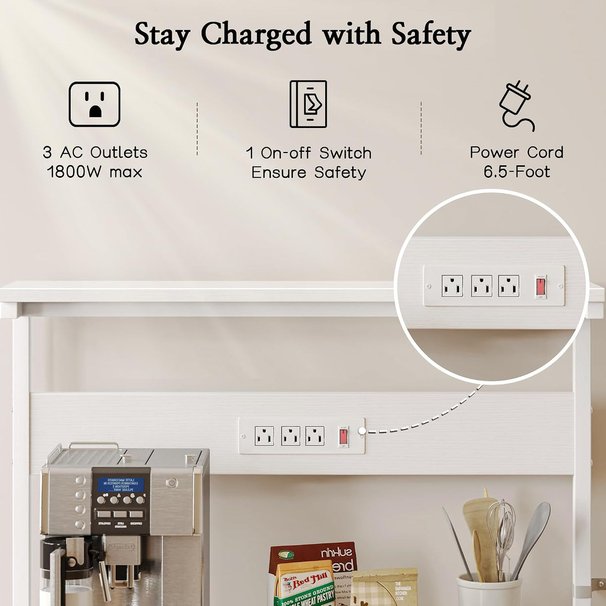 SUPERJARE Bakers Rack with Power Outlets, Microwave Stand, 31.5 X 16.5 Inch Larger Desktop, Kitchen Storage Rack with Adjustable Middle Shelf, 6 S-Shaped Hooks, Coffee Bar Stand, White