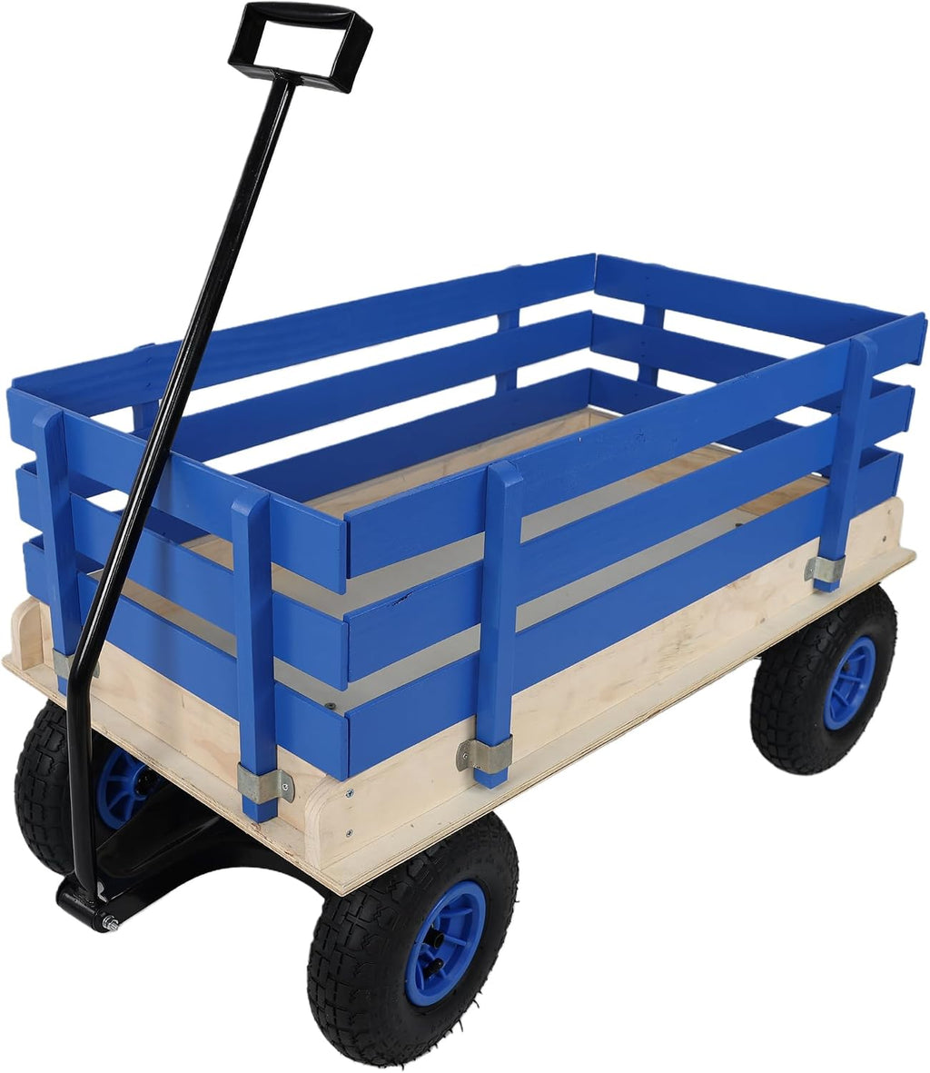 ZeHuoGe Outdoor Sport Wooden Wagon All Terrain Pulling with Removable Wooden Side Panels Rubber Inflatable Tires, Pull-Along Wagons (Blue)