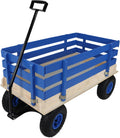 ZeHuoGe Outdoor Sport Wooden Wagon All Terrain Pulling with Removable Wooden Side Panels Rubber Inflatable Tires, Pull-Along Wagons (Blue)