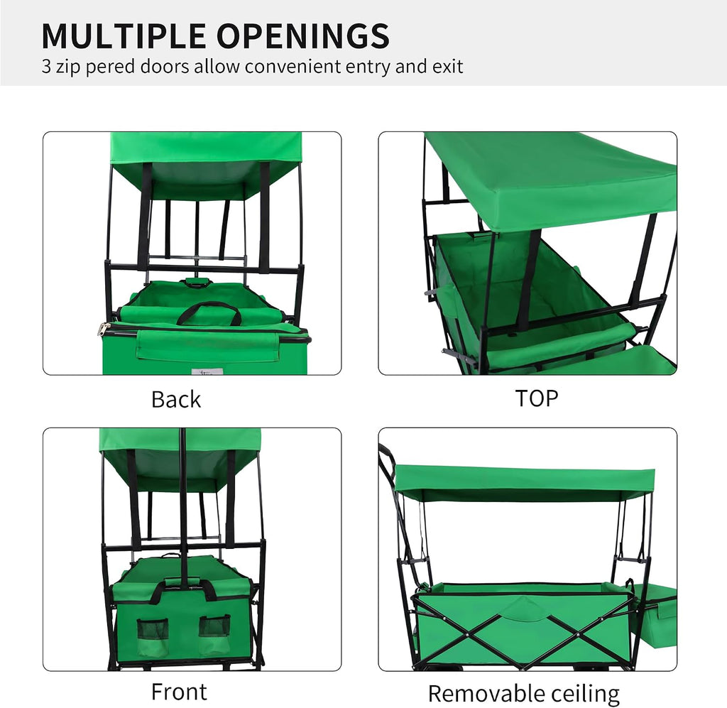 Outdoor Garden Park Wagon with Canopy and Pockets, Foldable Portable Utility Beach Trolley Cart with 7' Wheels for Camping Garden Sports (262LBS Max Weight Capacity) Grass Green As Shown