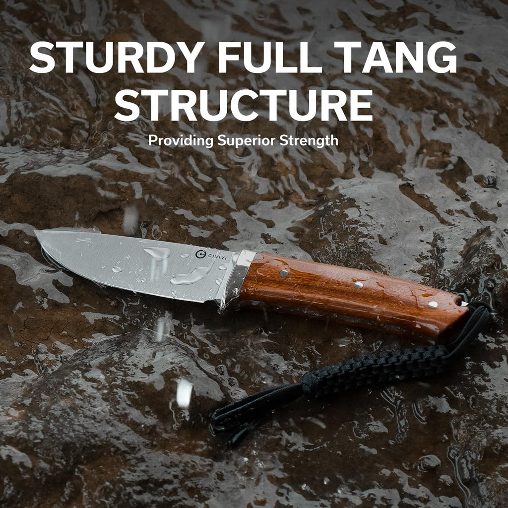 CIVIVI EDC Fixed Blade Knife with Leather Sheath, 4.6' Nitro-V Blade Wood Handle, Full Tang Cloud Peak Knife with Lanyard and Nickel Silver Guard C23044-3 (Wood)
