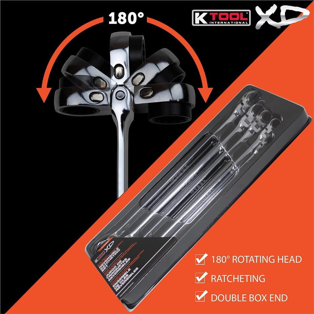 K Tool International XDDBM10 5 Piece Reversible Double Box Ratcheting Wrench Set for Garages, Repair Shops, and DIY, Black