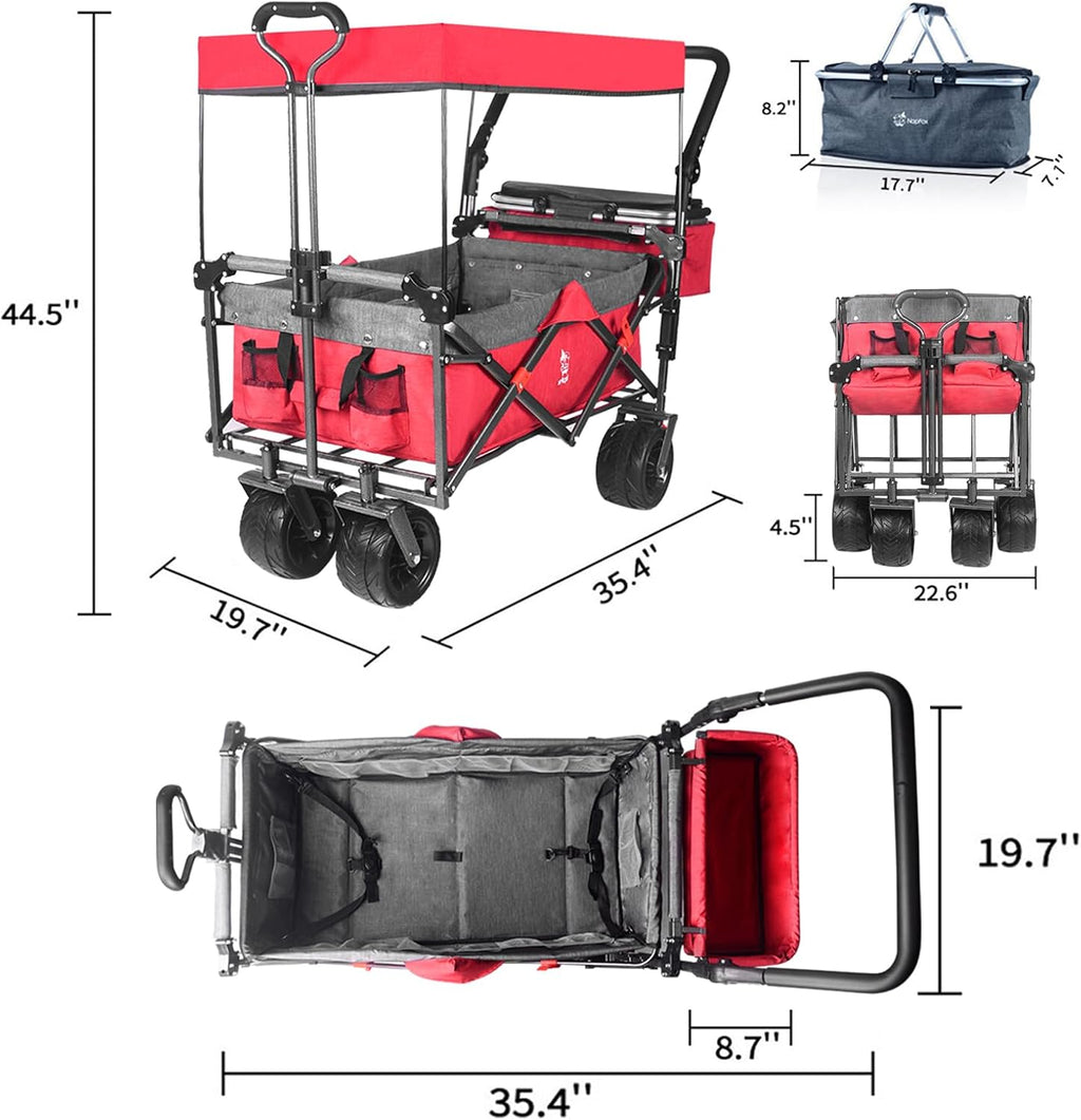 Collapsible Wagon Cart with Removable Canopy, Heavy Duty Foldable Wagon with 4' Large All Terrain Wheels, Brake, Cooler Bag, Adjustable Handles for Garden Beach Sports (Red)