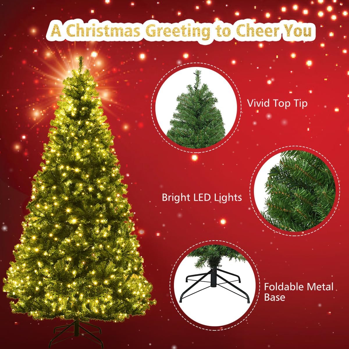 COSTWAY 7 FT Pre-lit Christmas Tree, Artificial Xmas Tree with 500 Warm White & Multicolored Lights, 11 Modes, 1570 Branch Tips, Metal Support, Holiday Decoration Fake Tree for Home, Office, Party