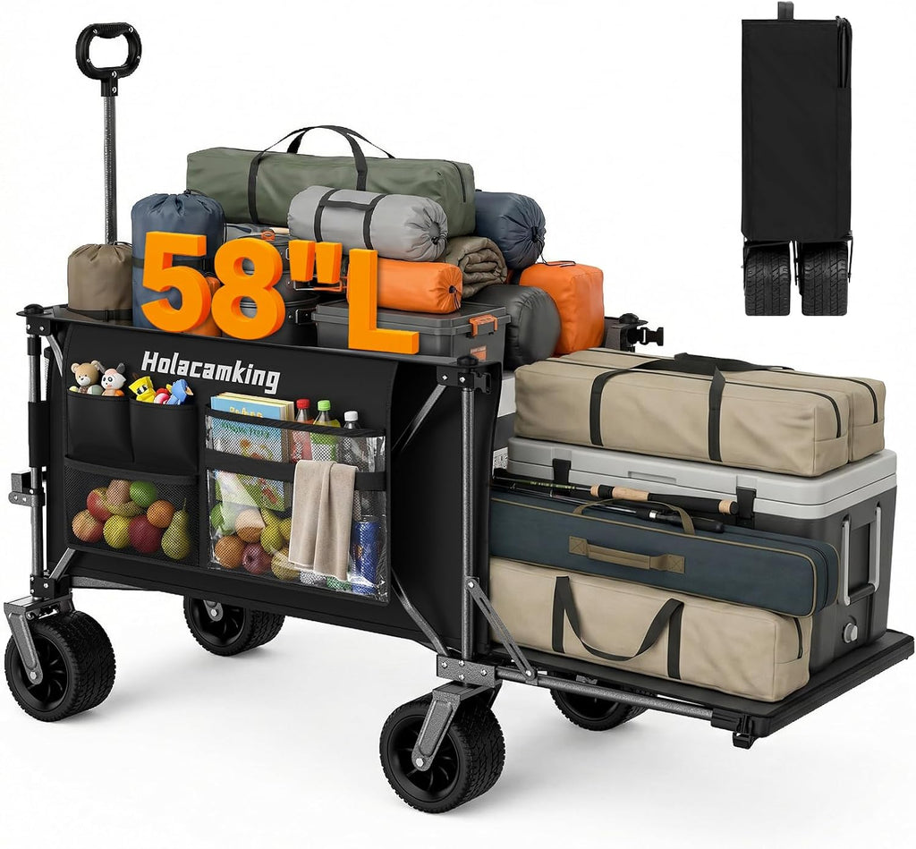 58'L Extender Collapsible Wagon, Extra Long Foldable Wagon Cart with Extended Tailgate, Heavy Duty Rolling Utility Cart with All-Terrain Big Wheels for Shopping Sports Beach, Black