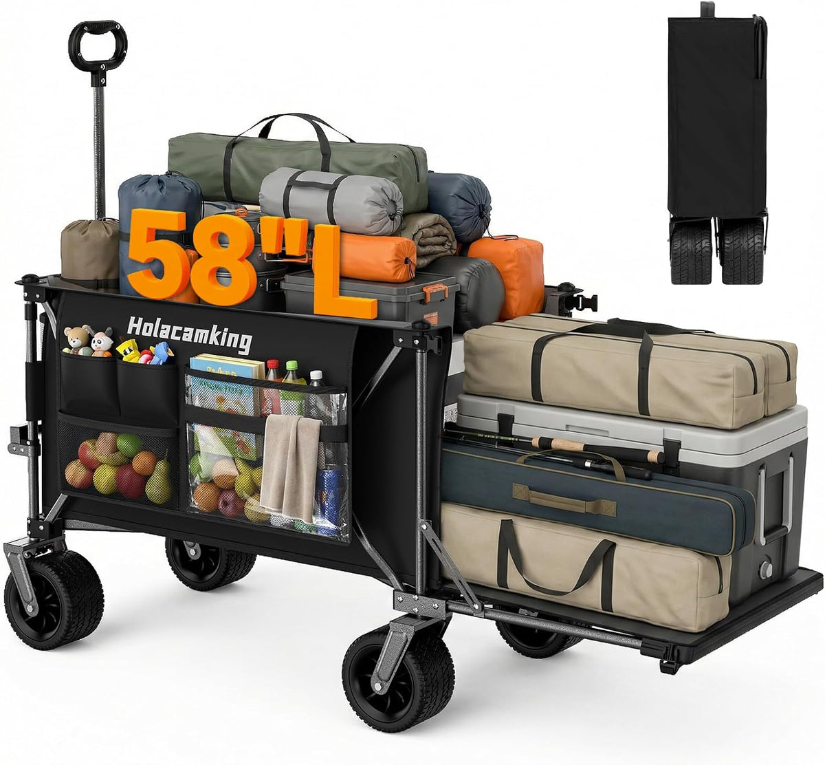 58'L Extender Collapsible Wagon, Extra Long Foldable Wagon Cart with Extended Tailgate, Heavy Duty Rolling Utility Cart with All-Terrain Big Wheels for Shopping Sports Beach, Black