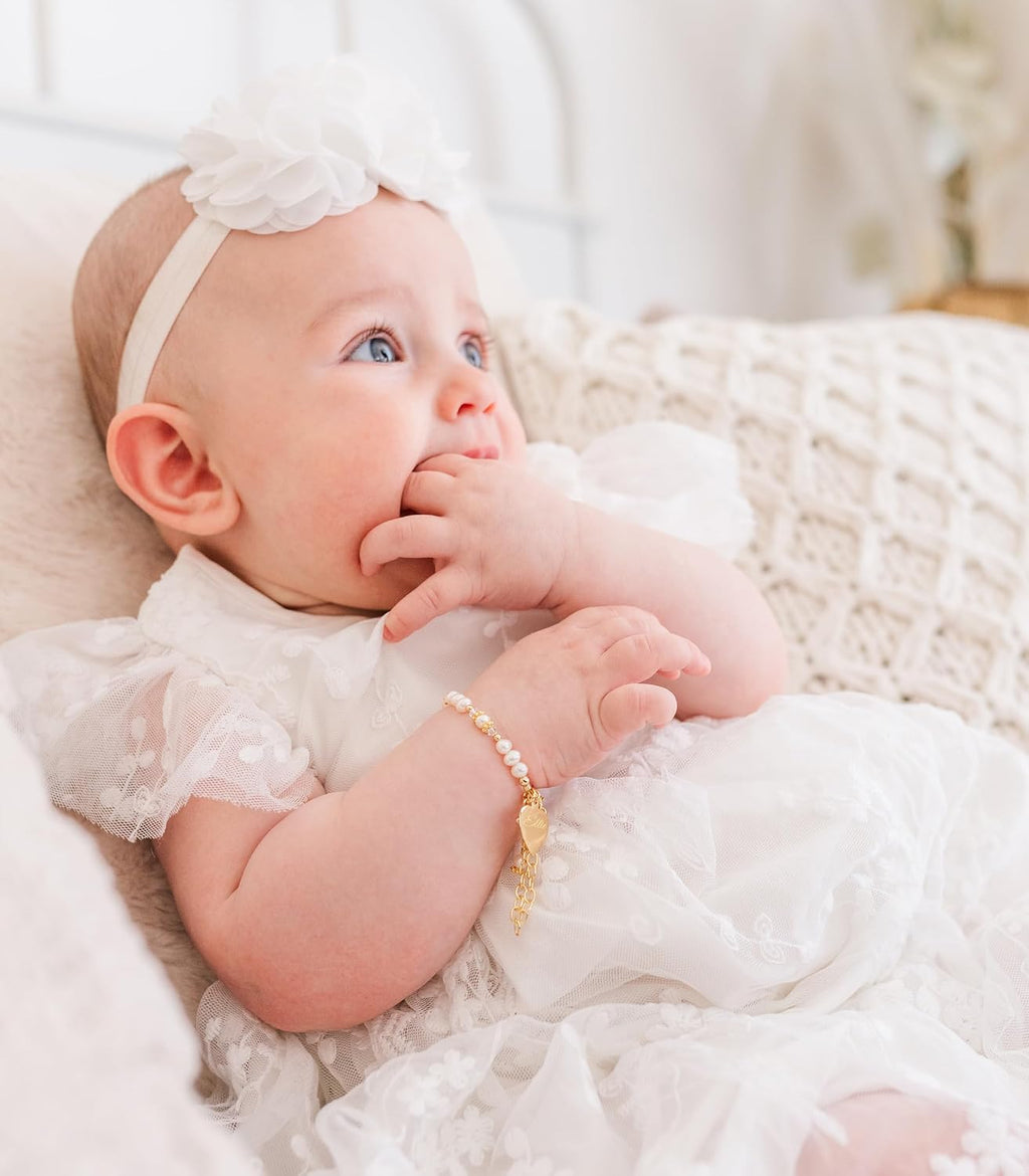 Cherished Moments 14K Gold-Plated Personalized Baptism to Bride Cross Bracelet Gift for Infant Girls with Engraved Heart and Cultured Pearls or Baby Christening