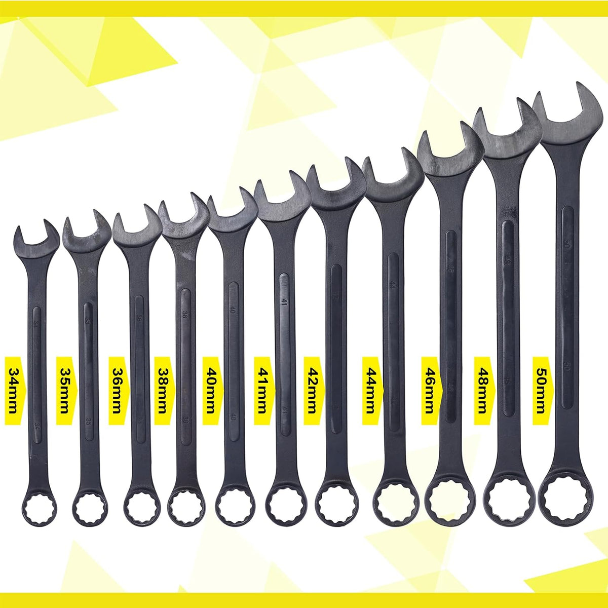11PC Jumbo Combination Wrench Set, Metric, 34-50mm, Extra Large Combination Wrench Sets, Black Oxide Finish with Pouch (11PC-Metric)
