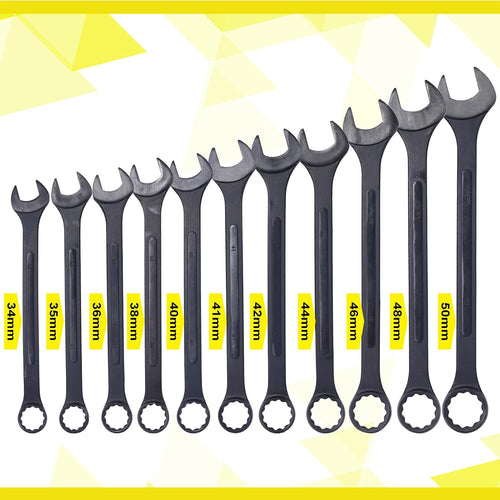 11PC Jumbo Combination Wrench Set, Metric, 34-50mm, Extra Large Combination Wrench Sets, Black Oxide Finish with Pouch (11PC-Metric)