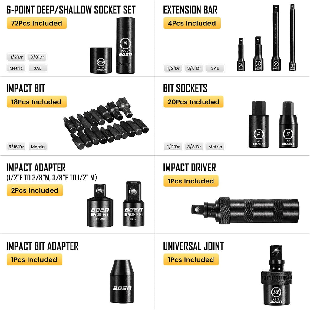 boen 119 Piece Impact Socket Set, 1/2' & 3/8' Drive Socket Set Deep/Shallow SAE/Metric, Cr-MO & S2, 6 Point, Impact Bit, Allen Sockets Included