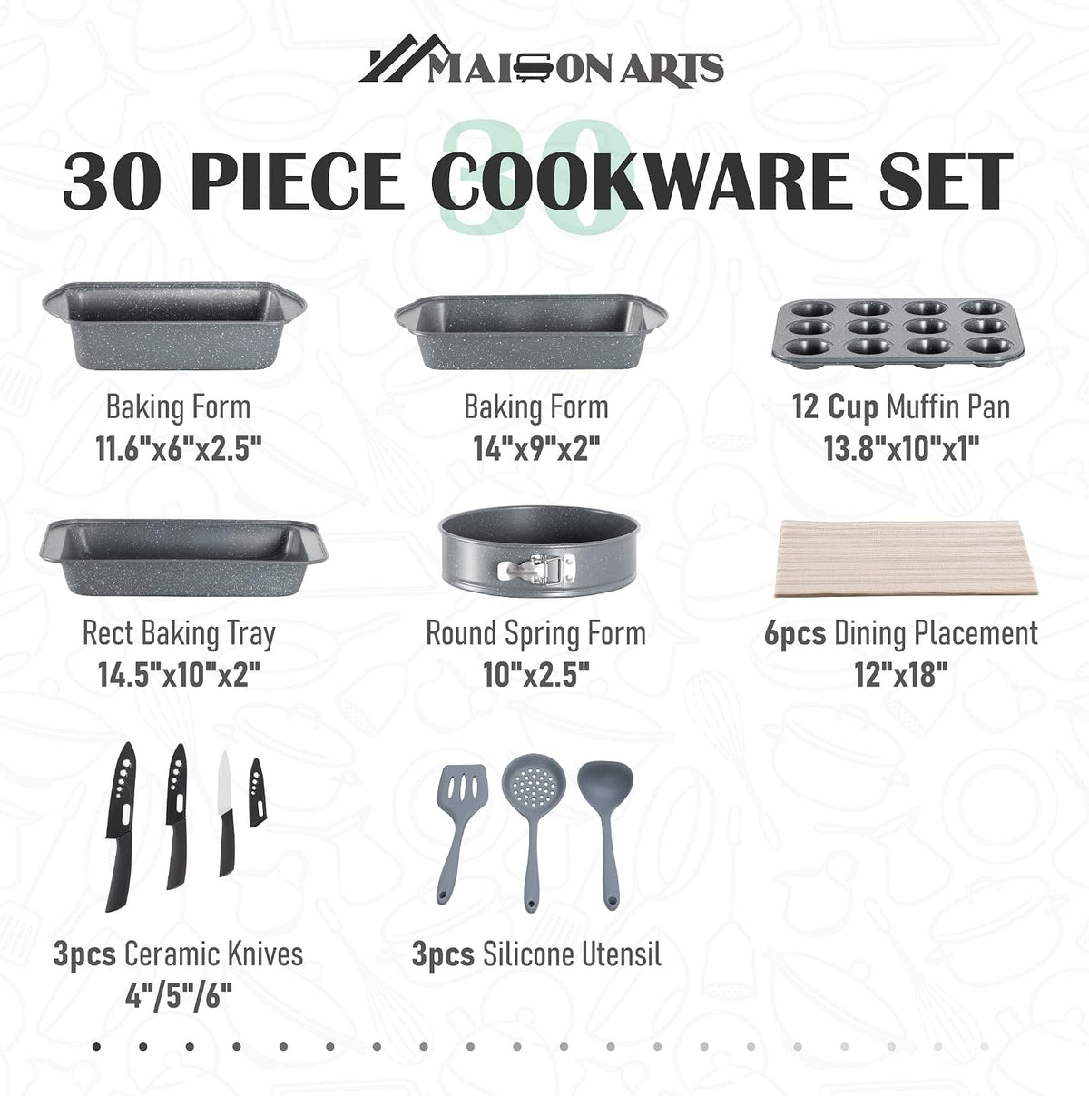 MAISON ARTS Pots and Pans Set Non Stick, 30 Piece Granite Kitchen Cookware Sets, Healthy Non Toxic Pans Set for Cooking Nonstick, PFOA&PFOS Free, Grey