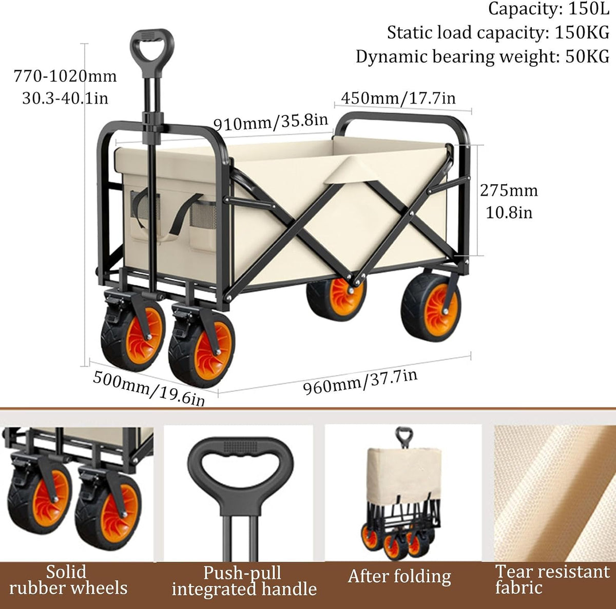 Beige Garden Carts,Collapsible Wagon,Sports Outdoor Utility Wagon Garden Wagon Sports Heavy Duty Steel Frame Foldable Yard Car Camping Cart with Double Brake and Folding Panels