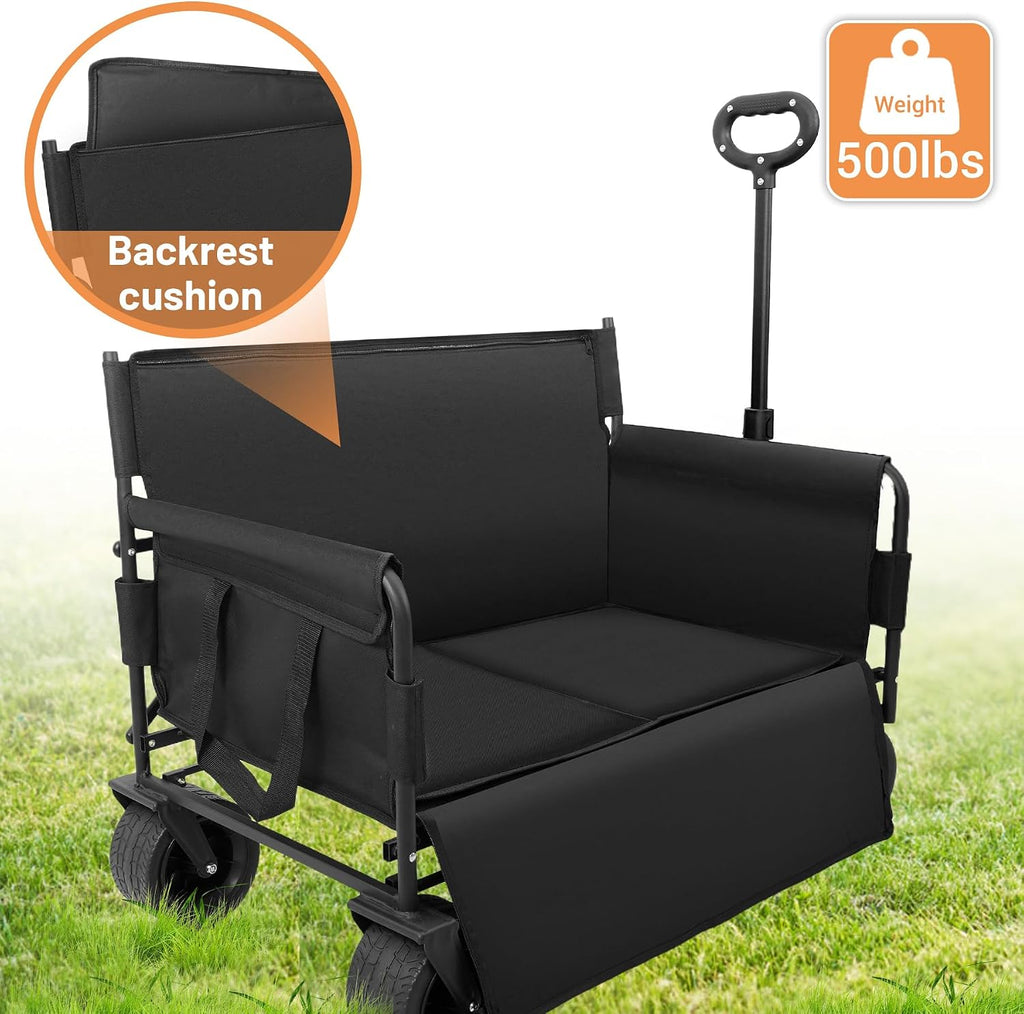 Wagon Bench Love Seat: Collapsible Heavy Duty Wagon - 500 LBS Beach Cart with Big Wheels for Sand Camping Shopping Sports