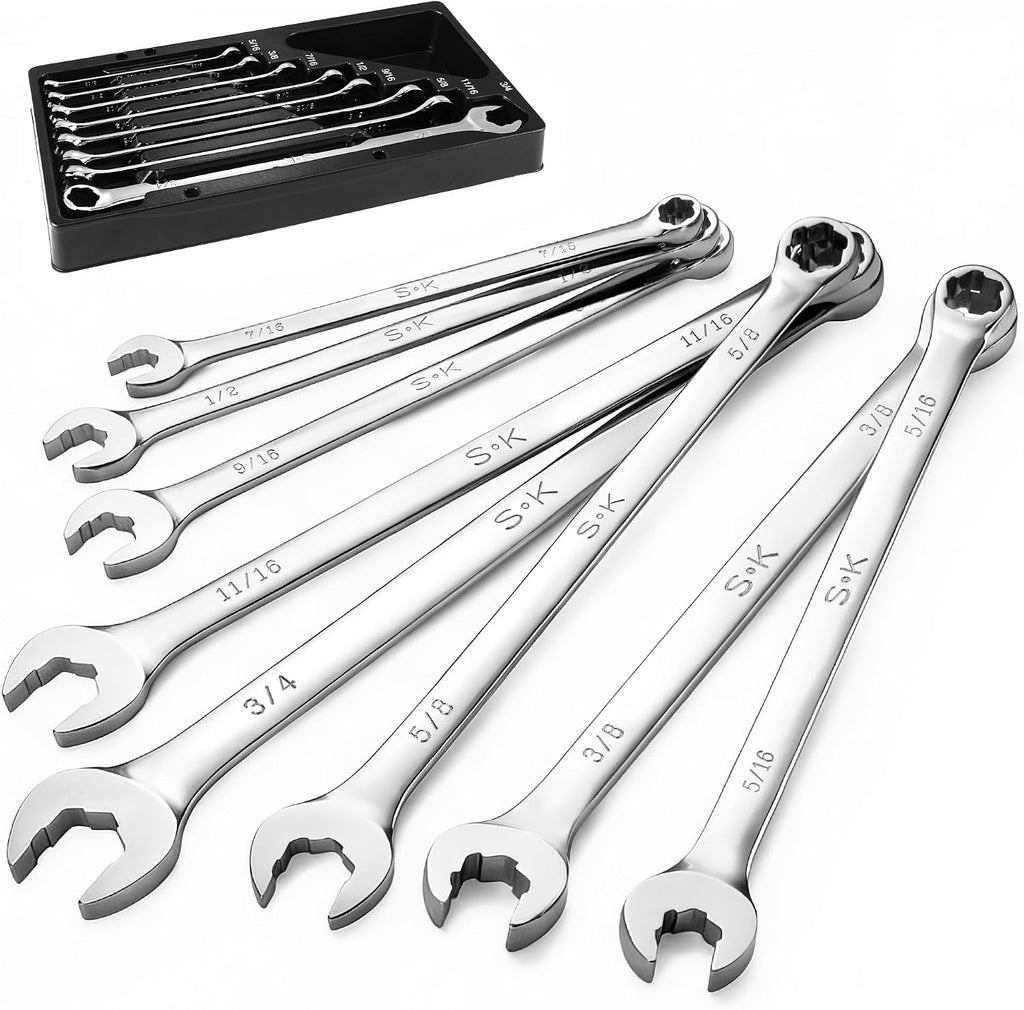 SK 6 Point Bolt Extractor Wrench, SAE 5/16' to 3/4', 8-Piece, Extra Long Combination Wrench Set, Mirror Krome Finish, Premium CR-MO Construction, for Rounded and Stripped Bolts Removal
