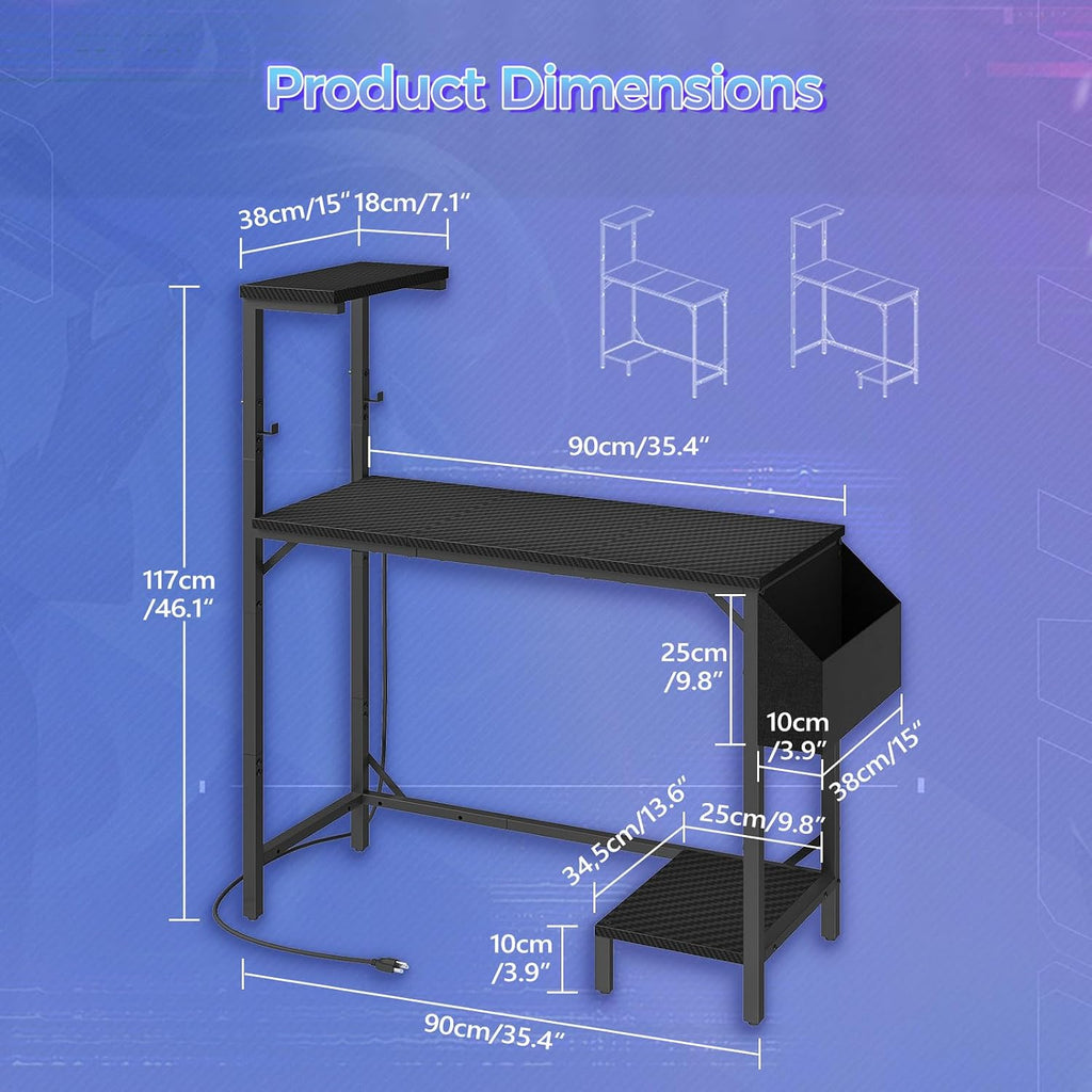 MAHANCRIS Printer Stand and Computer Desk Bundle, 3-Tier Rolling Printer Table with Power Outlets and 2 USB Ports, Computer Desk with Charging Station and LED Light PTHB78E01-CDHS134E01