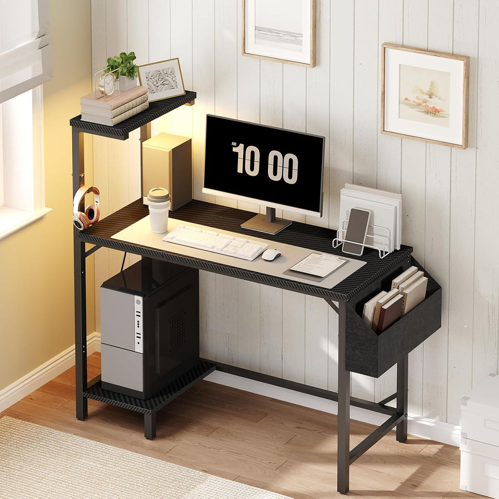 MAHANCRIS Printer Stand and Computer Desk Bundle, 3-Tier Rolling Printer Table with Power Outlets and 2 USB Ports, Computer Desk with Charging Station and LED Light PTHB78E01-CDHS134E01