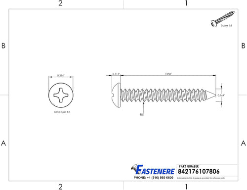 #8 x 1-1/4' Pan Head Sheet Metal Screws, Stainless Steel 18-8, Full Thread, Bright Finish, Self-Tapping, Quantity 2500 By Fastenere