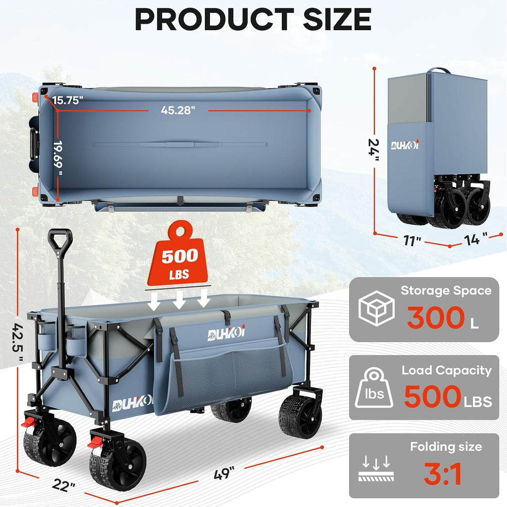 49' L Collapsible Extended Wagon with 500lbs Weight Capacity,300L Heavy Duty Sports Wagon,Big All-Terrian Wheels with Cup Holders,Cart for Sports,Grocery,Shopping(LightBlue)