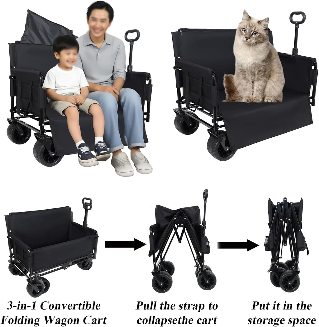 3-in-1 Convertible Folding Wagon Cart with Bench Seat & Storage - 500lbs Heavy-Duty Utility Wagon, 180L Capacity All-Terrain Wheels for Camping, Beach, Sports, Garden (Black)