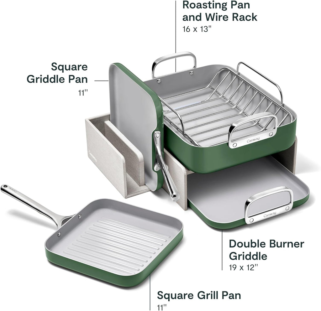 Caraway Square Cookware Set - Square Pans Set - Perfect for Griddling, Toasting, Searing, Roasting, and More - Non-Stick Ceramic Coated Pans - Non Toxic, PTFE & PFOA Free - Sage