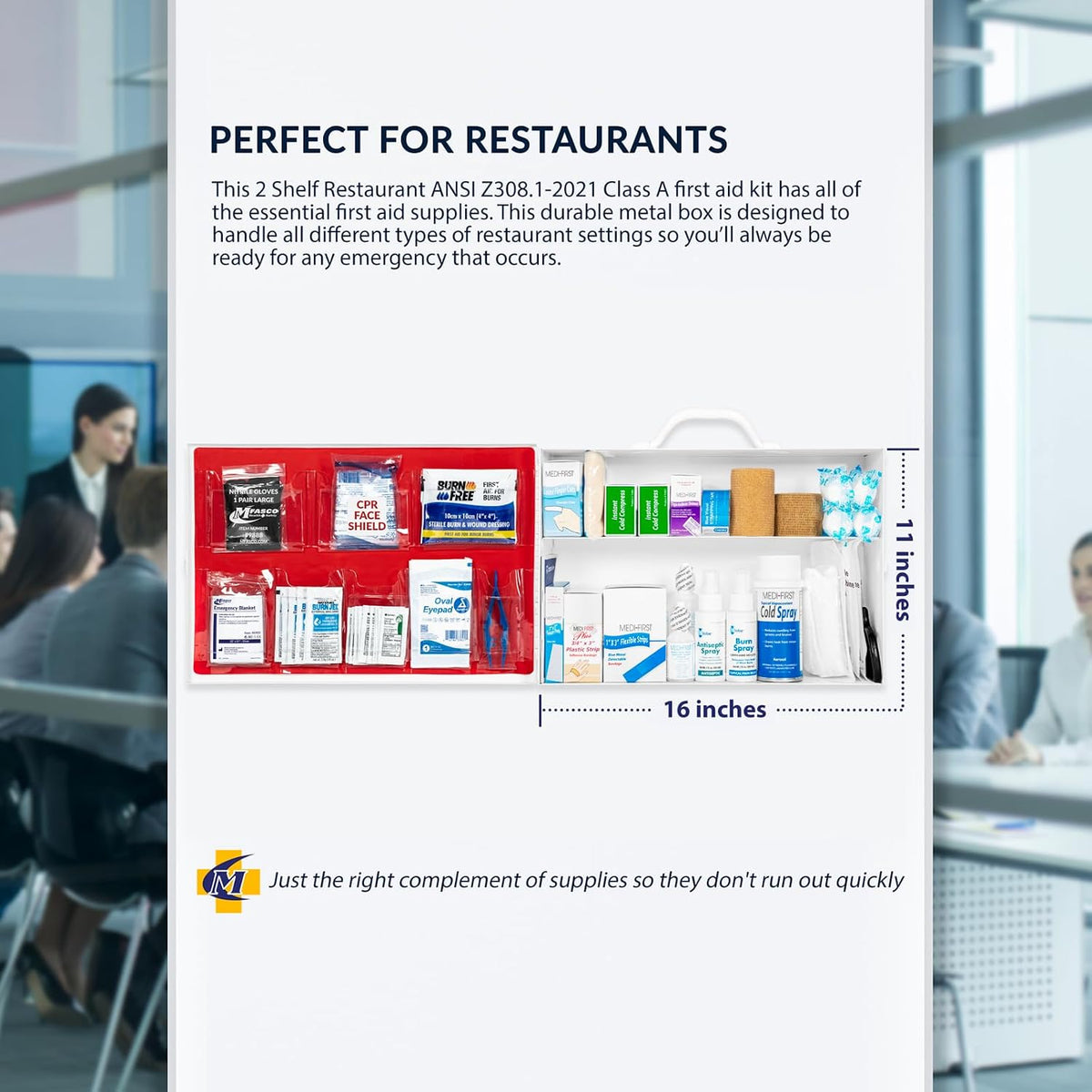 MFASCO Restaurant First Aid Kit - 2 Shelf Metal Cabinet, OSHA 2021 Class A - Catering, Food Service Areas, Food Trucks - Metal First Aid Cabinet Wall Mount for Businesses - Burn Care & Blue Bandages