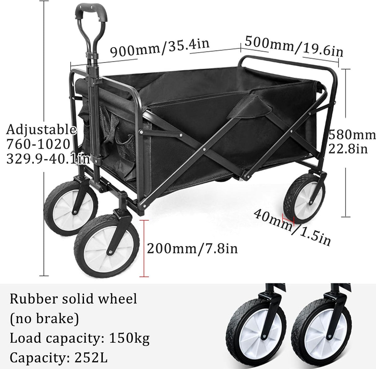 Collapsible Wagon Garden Cart,Folding Garden Carts,Beach Wagon Grocery Wagon All-Terrain Wagon Sports Beach Wagon Cart Rubber Wheel Universal Wheel Camping Cart with Folding Panels,(b) black