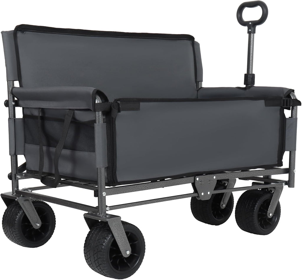 3-in-1 Convertible Folding Wagon Cart with Bench Seat & 180L Storage - 500lbs Heavy-Duty All-Terrain Wagon for Camping, Beach, Sports & Garden Use (Gray)