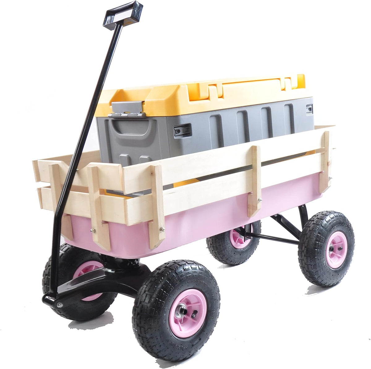 Outdoor Sport All Terrain Pulling Wagon With Removable Wooden Side Panels, Air Tires, Big Foot Panel, Sturdy Steel Bed for Kids' Pull-Along (Pink)