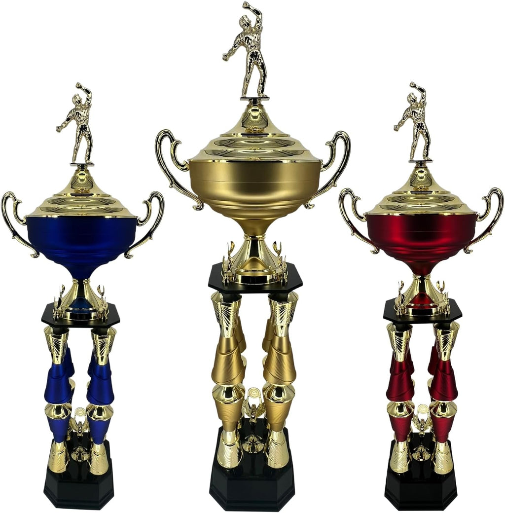 Express Medals Various Sport Giant 54 Inch Tall 19 Inch Wide 4 Post Column Gold Red or Blue Trophy Cup Award Includes Attached Plate with up to 5 Lines of Your Custom Engraved Text. Weighs 11 lbs.