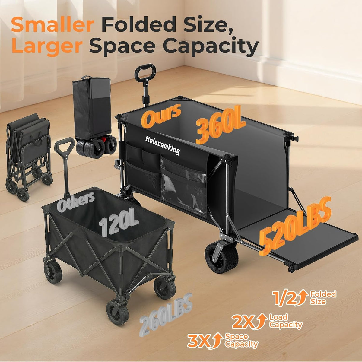 58'L Extender Collapsible Wagon, Extra Long Foldable Wagon Cart with Extended Tailgate, Heavy Duty Rolling Utility Cart with All-Terrain Big Wheels for Shopping Sports Beach, Black