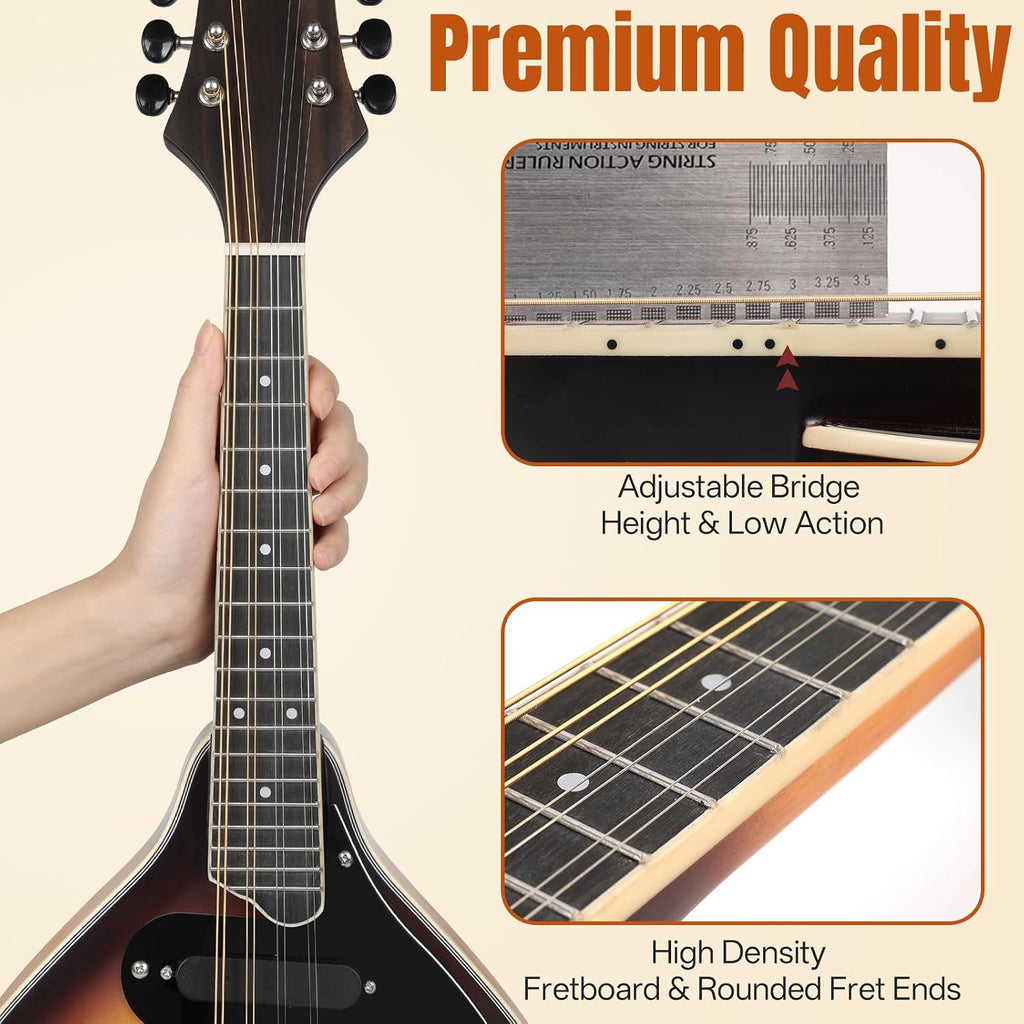 Mandolin Instrument A Style, Electric Acoustic Mandolins Instrument Kit 8 String with Tuner Strap Gig Bag Chord Chart for Beginners Adults Teens Youth Kid