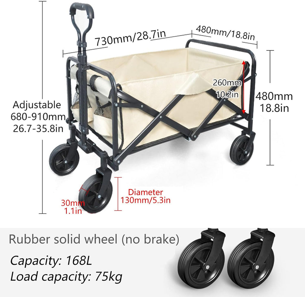 Garden Carts,Collapsible Wagon,Sports Outdoor Utility Wagon Folding Garden Wagon Sports Steel Frame Foldable Yard Car with Side Pockets and Rubber Wheel Camping Cart 75Kg Load